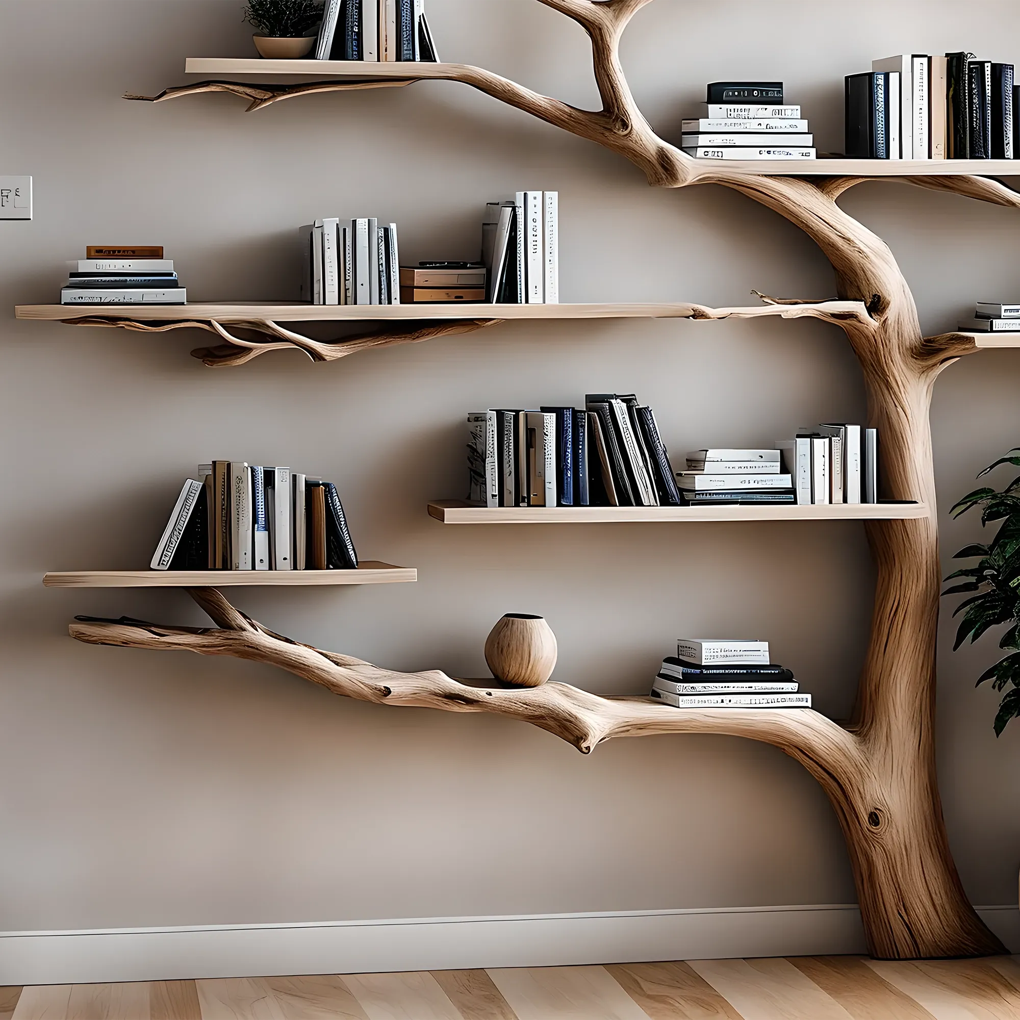 Tree-Shaped Solid Wood Wall Bookshelf – Handmade Branch Design