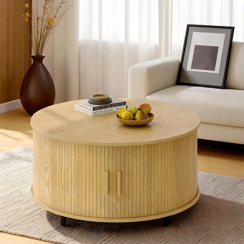 Round Solid Wood Coffee Table with Drawers – Minimal Scandi